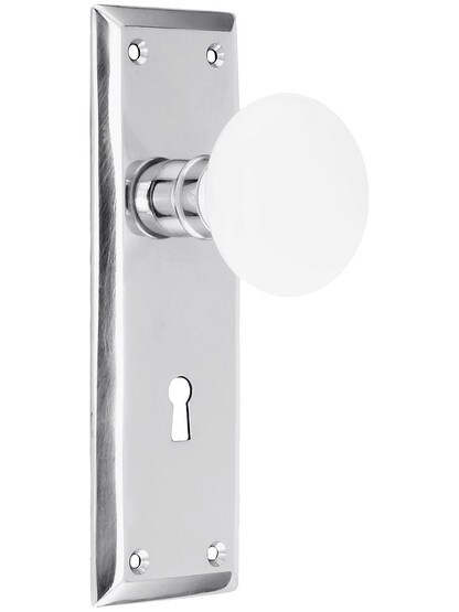 New York Style Door Set with White Porcelain Door Knobs Single Dummy in Polished Chrome.
